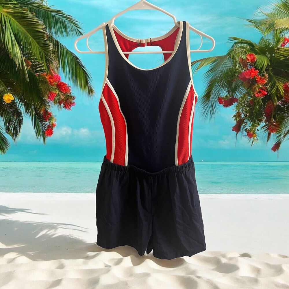 Vtg Gabar Swimsuit Bathing Suit One Piece‎ SHORTS Red White Blue Sz 14 Modest